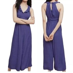 Anthropologie Maeve Justine Ruffled Syros Polka Dot Wide Leg‎ Jumpsuit Blue 14P